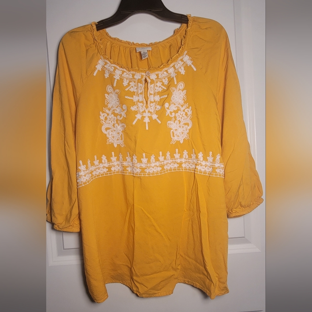 St. John's Bay Mustard Blouse with White Embroidery Size L